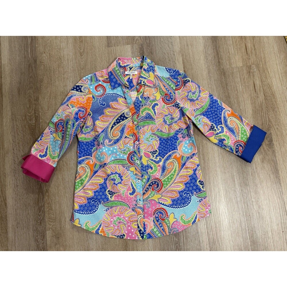 Foxcroft‎ Button Short Women’s Size 4 Multi Colored Paisley 3/4 Sleeve